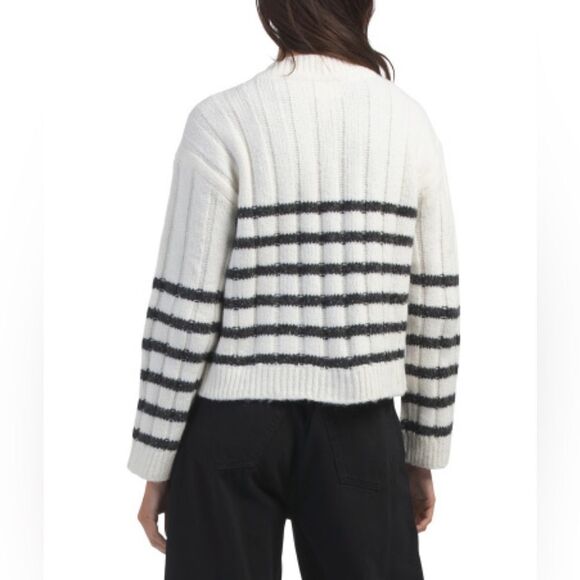 Lucky Brand L-XL White Black Stripe Cable Knit Button Front Wool Blend Cardigan - Picture 2 of 16